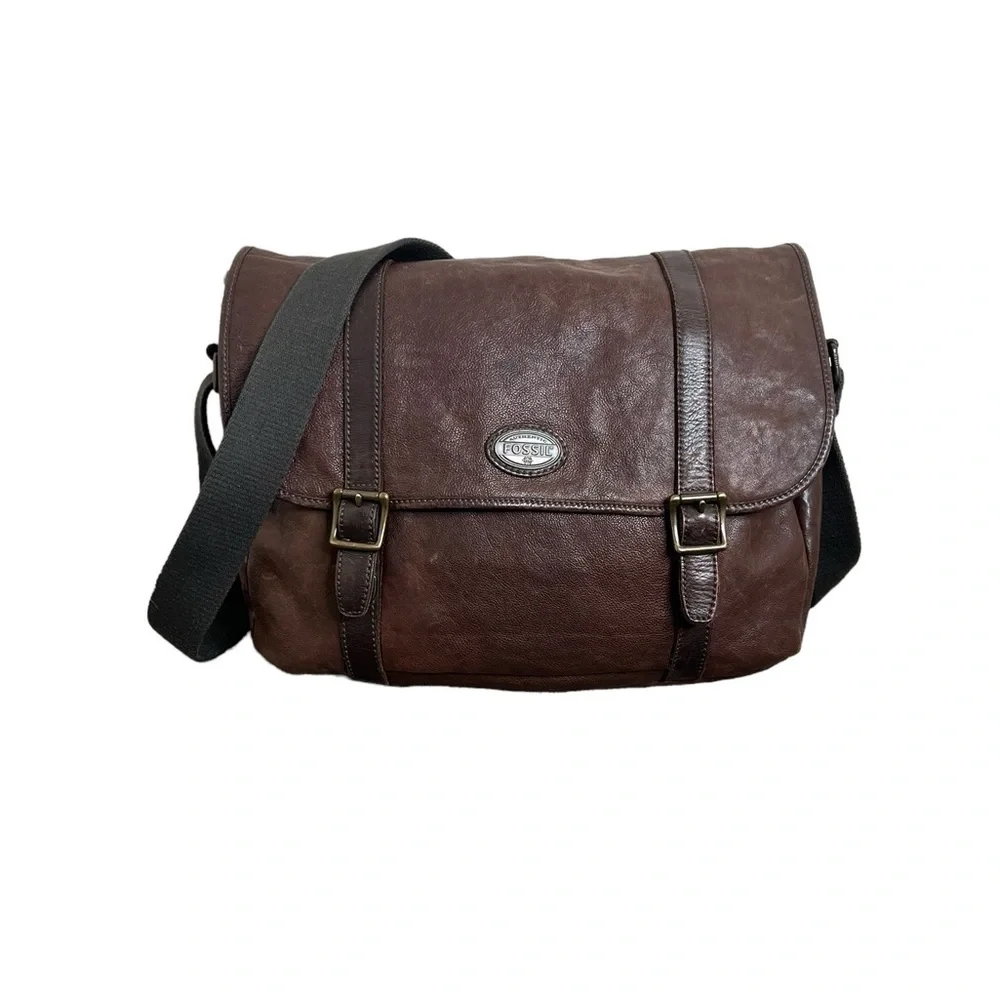 Fossil Men’s Leather Estate Messenger East West Brown Messenger Bag - Picture 3 of 16